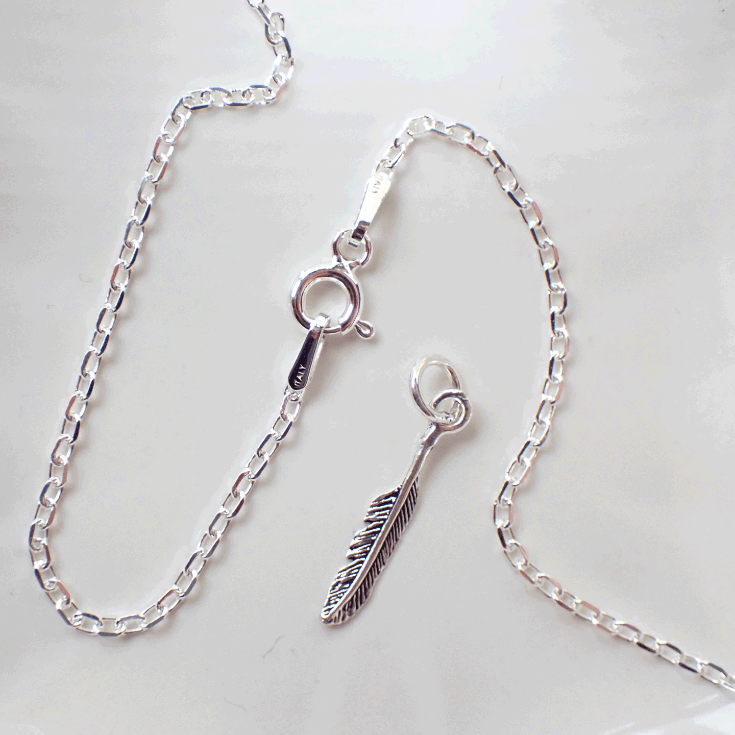 Close up of clasp on 1.5mm sterling silver cable chain