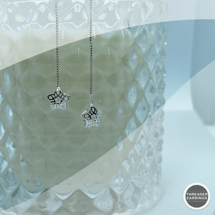 Sterling silver star cage threader earrings - hanging view