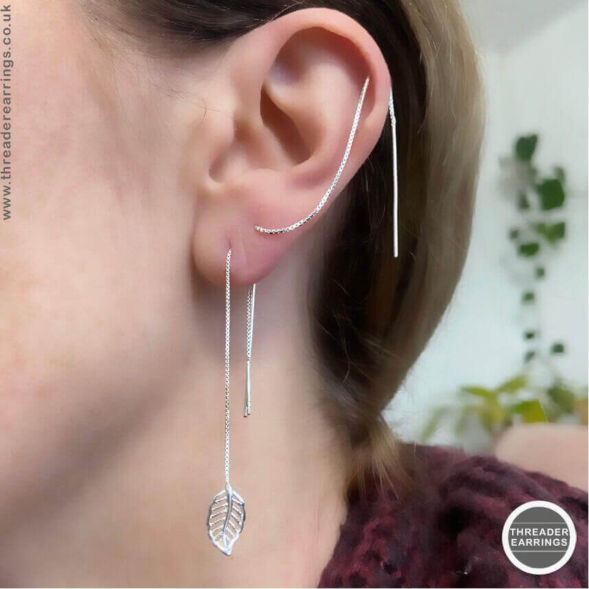 Threader earrings with double piercing and helix
