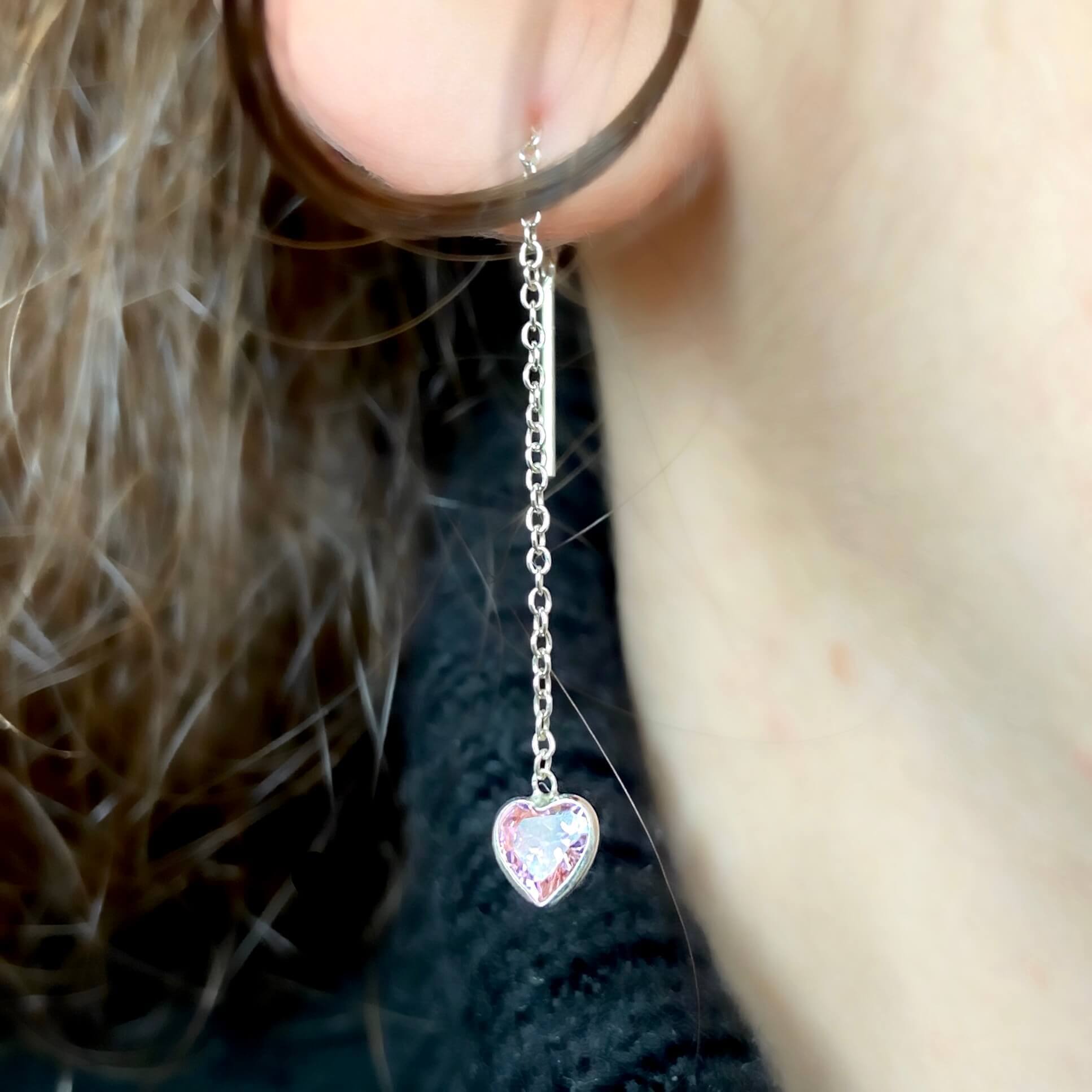 Sterling silver threader earrings with CZ hearts