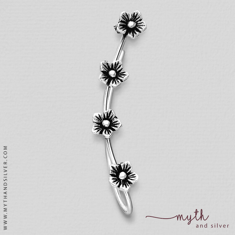 Oxidised ear climber with flower detail