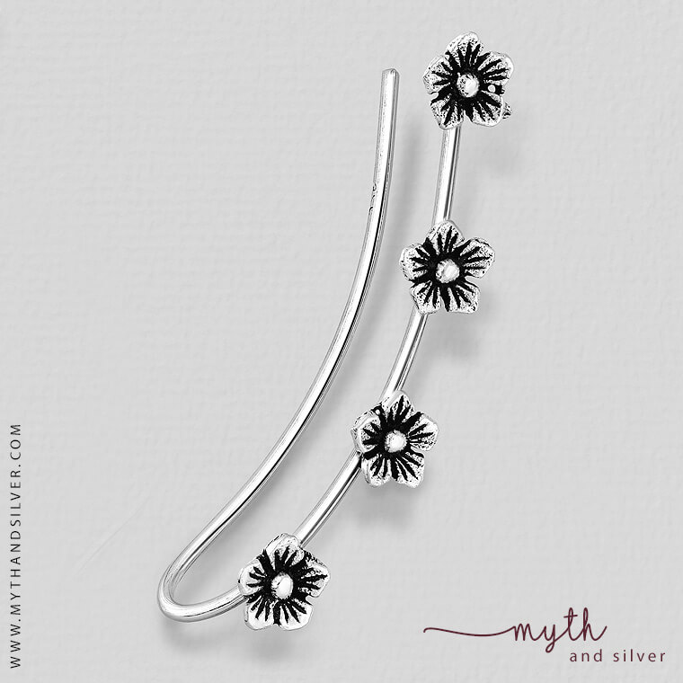 925 Sterling silver ear climber with oxidised flowers