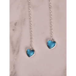 Close up of light blue heart threader earrings