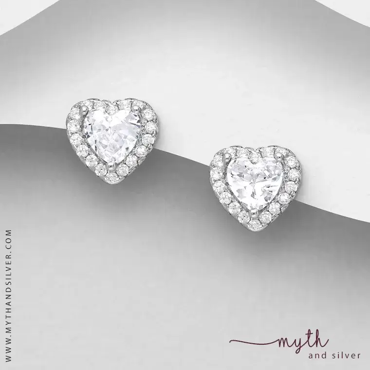 Chunky heart cz sterling silver ear studs