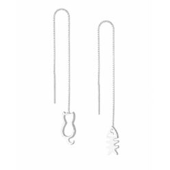 Cat and fishbone mismatched sterling silver threader earrings