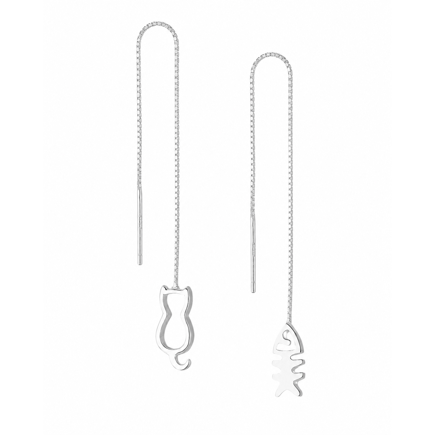 Cat and fishbone mismatched sterling silver threader earrings