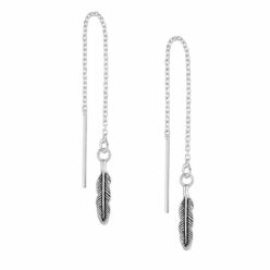 925 Sterling Silver threader earrings with oxidised feather design