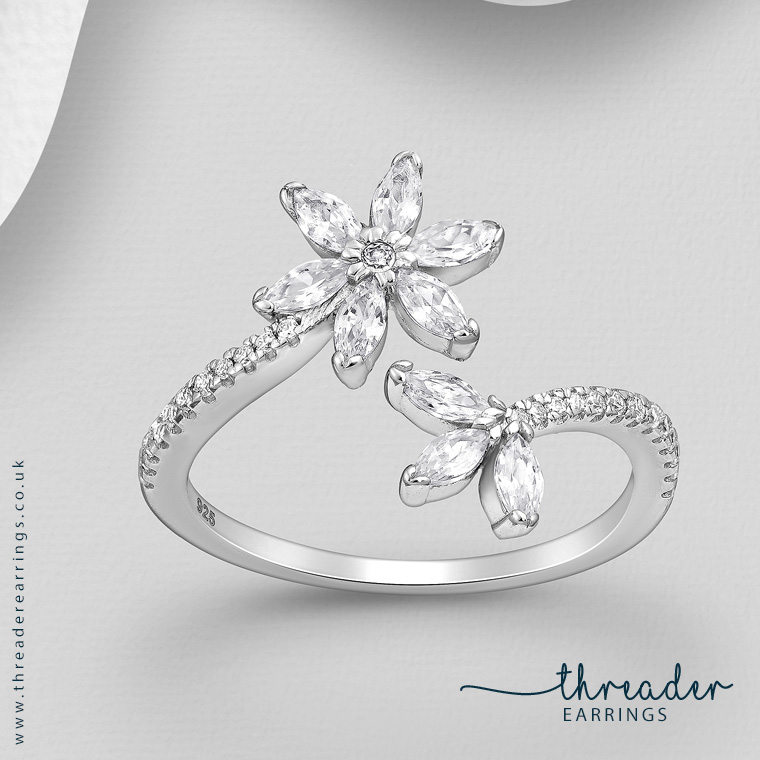 Fleur adjustable Sterling silver ring with Cubic Zirconia
