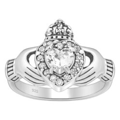 925 Sterling Silver Oxidised Claddagh Ring, Decorated with Cubic Zirconia
