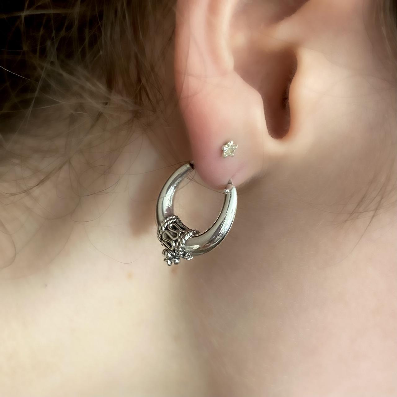 Sterling silver oxidised Bali hoop earrings - Image 2