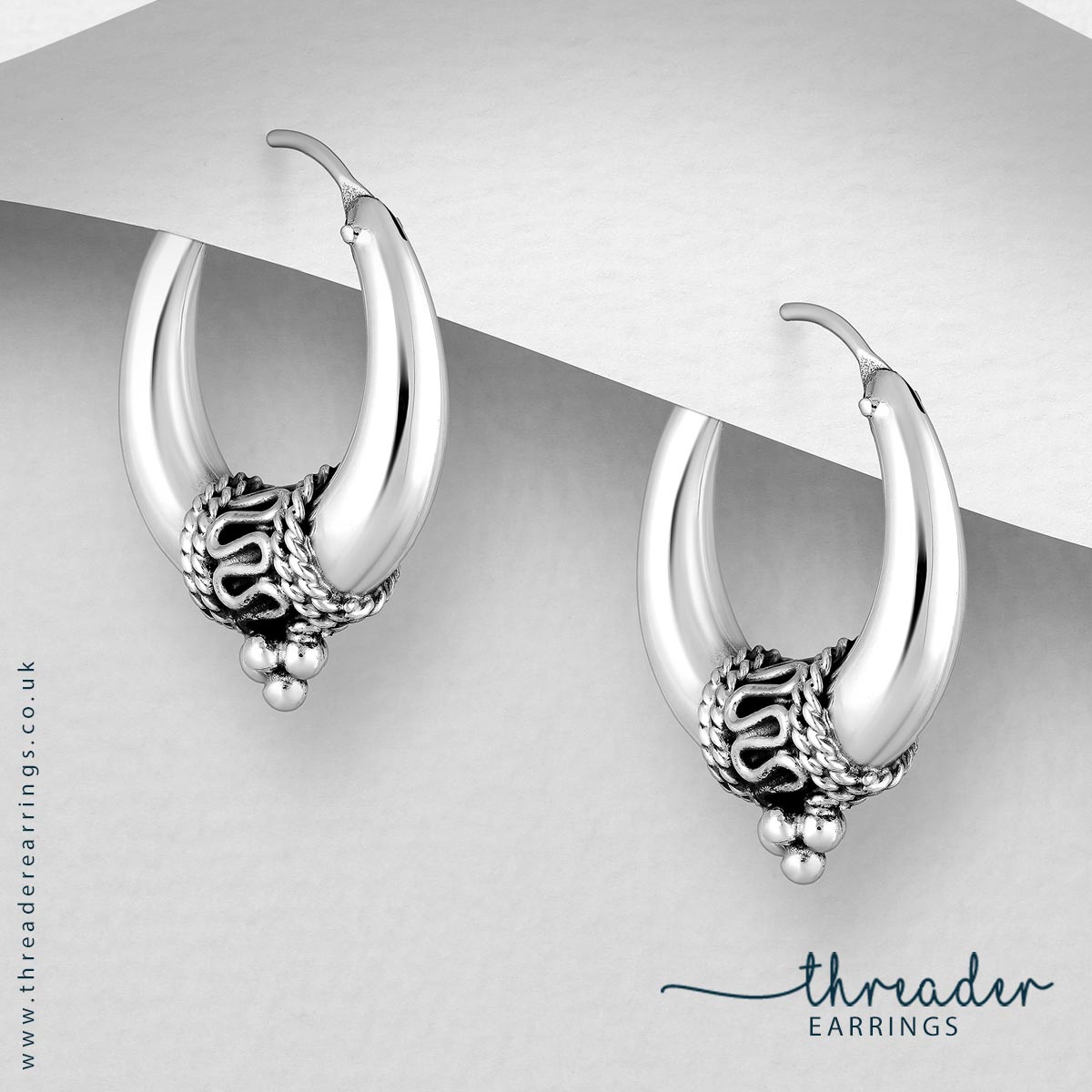 Sterling silver Bali hoop earrings