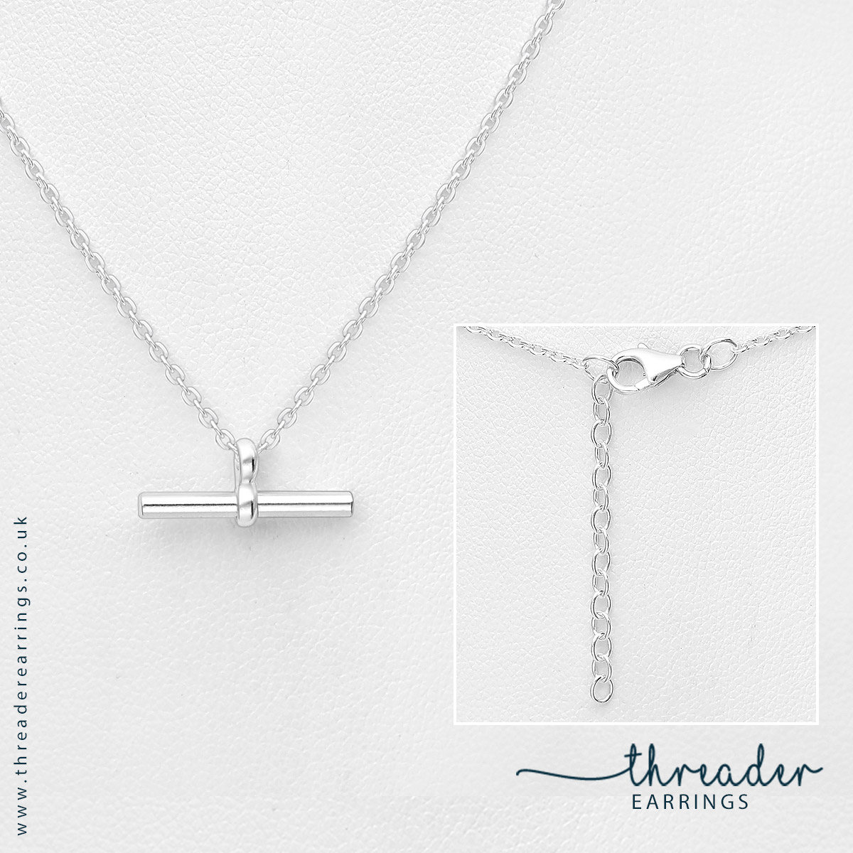 Silver T bar necklace - view with the extender chain