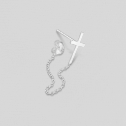 Silver cross and chain earring - close up