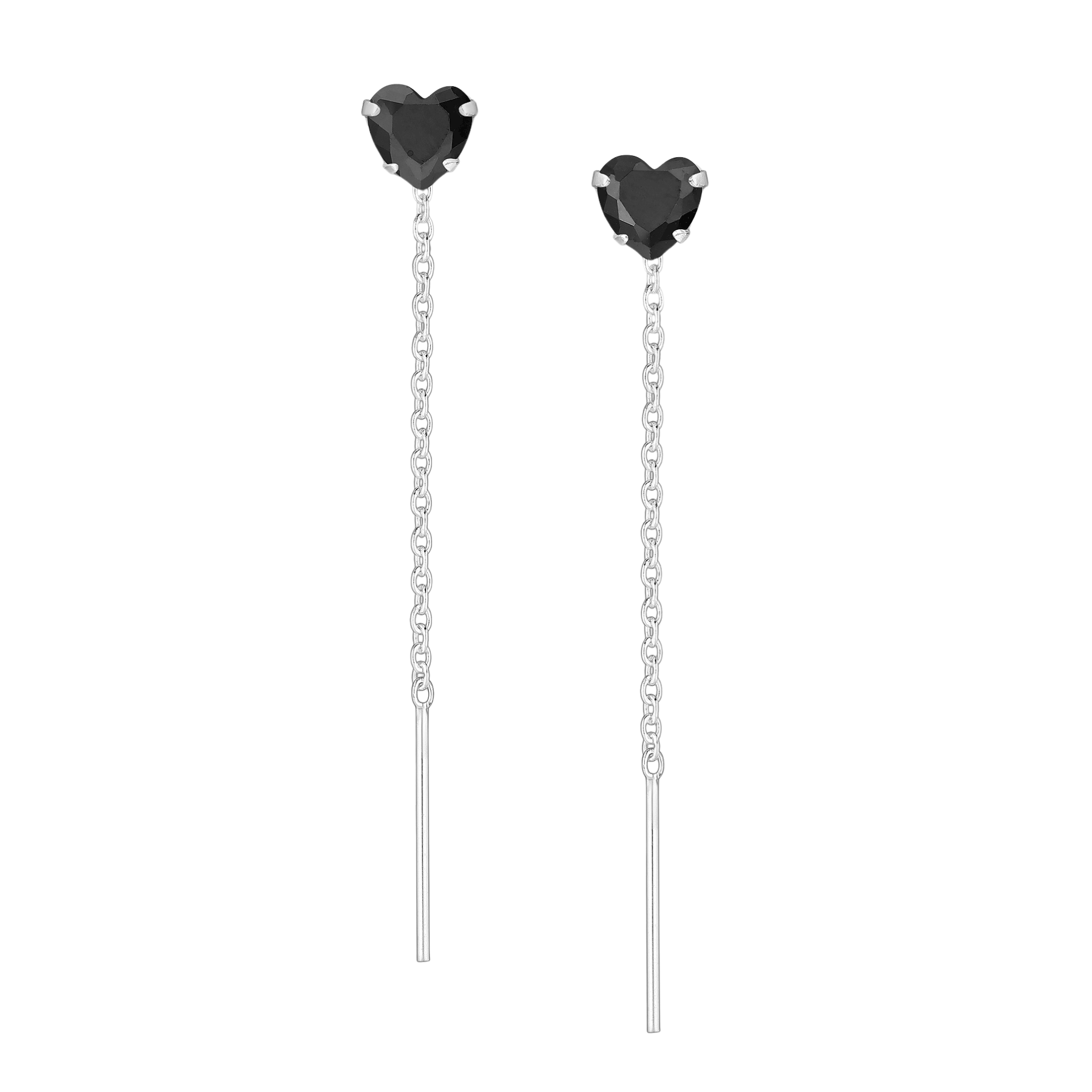 Sterling silver black CZ threader heart earrings