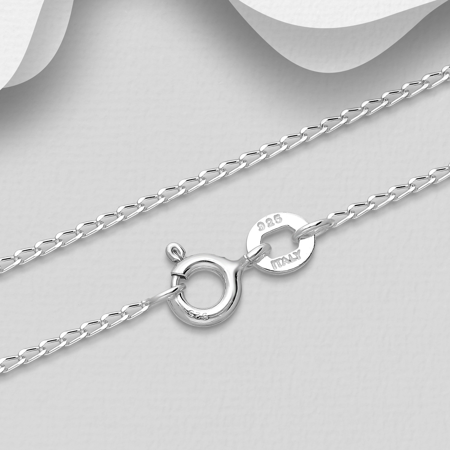 16 inch curb chain, 1mm wide, 925 Sterling silver, close-up showing the links and clasp