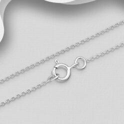 18 inch Rollo Chain, 1.24mm Wide, Rhodium Plated 925 Sterling silver, close-up showing the links and clasp