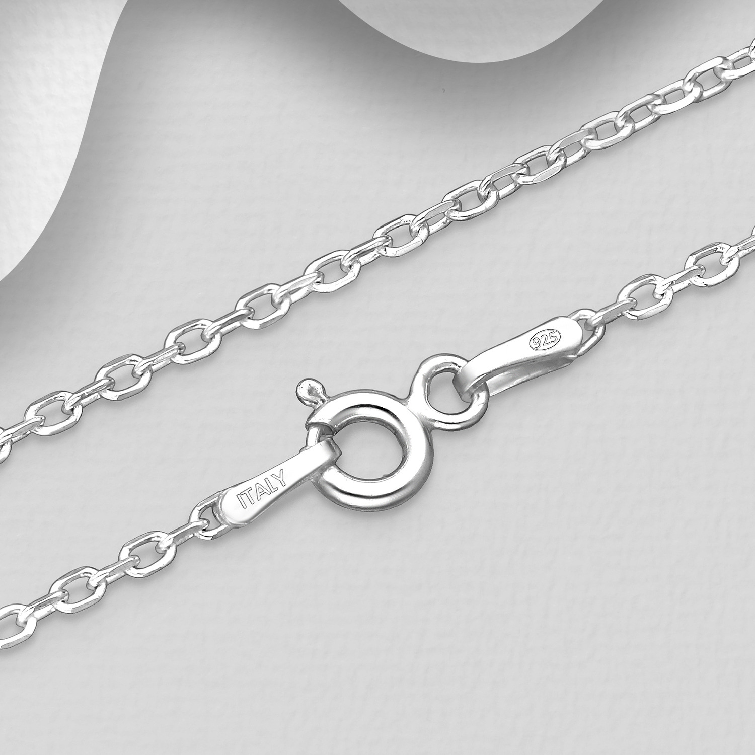 18 or 28 inch Cable Chain, 1.5mm Wide, 925 Sterling silver, close-up showing the links and clasp