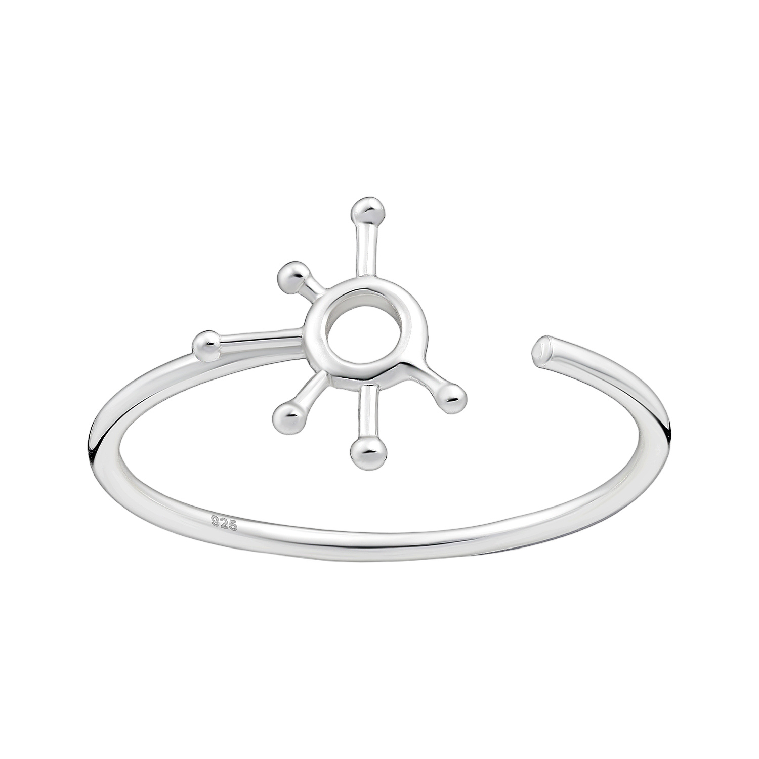 Atomic adjustable sterling silver ring with an open sunburst design on a white background