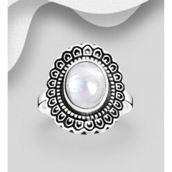 Patterned moonstone ring in 925 Sterling silver, shown against a grey background