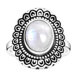 Patterned moonstone ring in 925 Sterling silver, on a white background