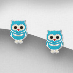 Sterling silver owl stud earrings with blue enamel, on a grey display card