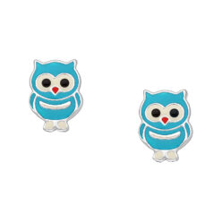 Sterling silver owl stud earrings with blue enamel, on a white background