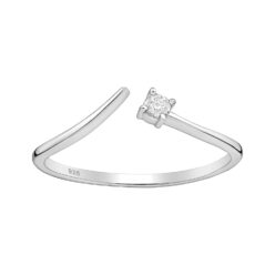 Crest adjustable sterling silver ring with an open pointed band and a square stone on a white background