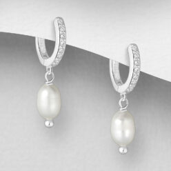 Cubic zirconia hoop earrings with freshwater pearl drop, on a grey display card