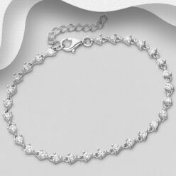 Elegant Cubic Zirconia bracelet in 925 Sterling silver, laid out to show the clasp and extension chain
