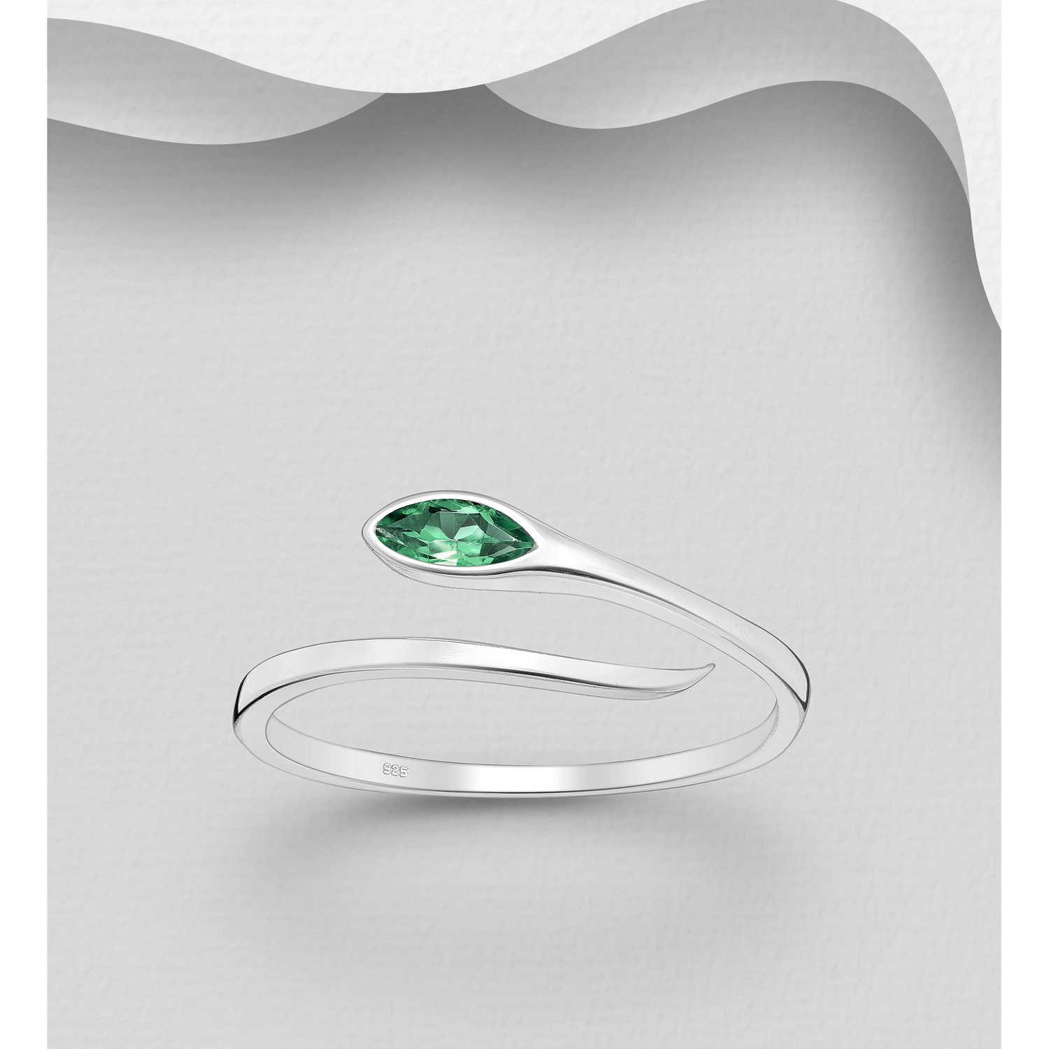 Elegant 925 Sterling silver adjustable ring with green Cubic Zirconia, shown against a grey background