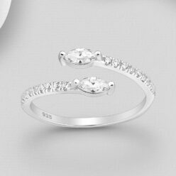 Glitz adjustable sterling silver ring with two pear-shaped stones and smaller stones along the band against a grey background