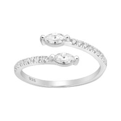 Glitz adjustable sterling silver ring with two pear-shaped stones and smaller stones along the band on a white background