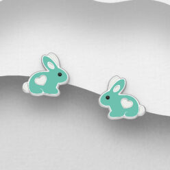 Sterling silver bunny stud earrings with green and white enamel on a grey display card