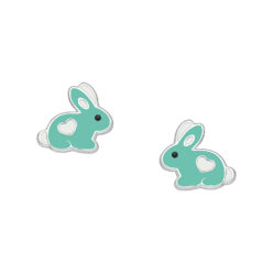 Sterling silver bunny stud earrings with green and white enamel on a white background