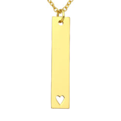 Gold-plated sterling silver bar pendant with a small heart cut-out, shown on a chain against a white background