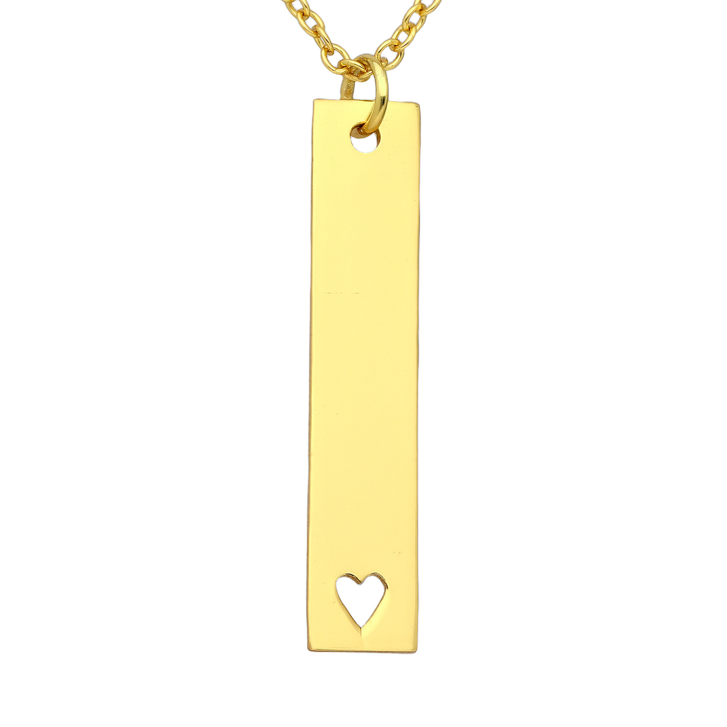 Gold-plated sterling silver bar pendant with a small heart cut-out, shown on a chain against a white background