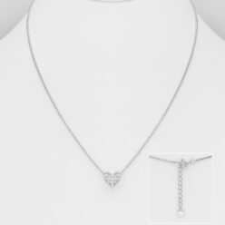 Sterling silver cubic zirconia heart slider necklace on a white display bust, with an inset showing the adjustable chain