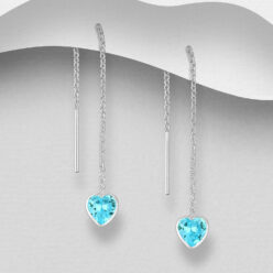 Light sky blue heart threader earrings in 925 Sterling silver, on a grey display card