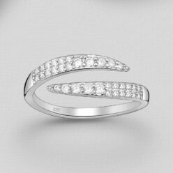 Masterpiece adjustable sterling silver ring with two overlapping stone-set bands against a grey background