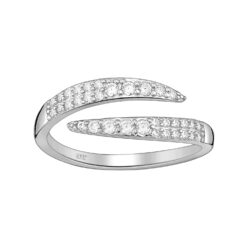 Masterpiece adjustable sterling silver ring with two overlapping stone-set bands on a white background