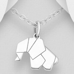 Sterling silver origami elephant pendant shown on a chain against a grey background