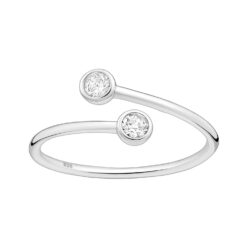 Pop adjustable sterling silver wrap ring with two round bezel-set stones on a white background