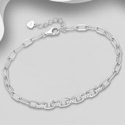 Silver links chain bracelet with Cubic Zirconia, laid out to show the clasp and extension chain