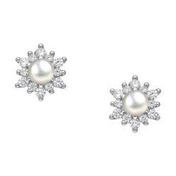 Silver pearl stud earrings with cubic zirconia, on a white background