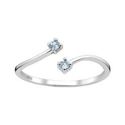 Elegant adjustable sterling silver ring with two sky-blue topaz stones on a white background