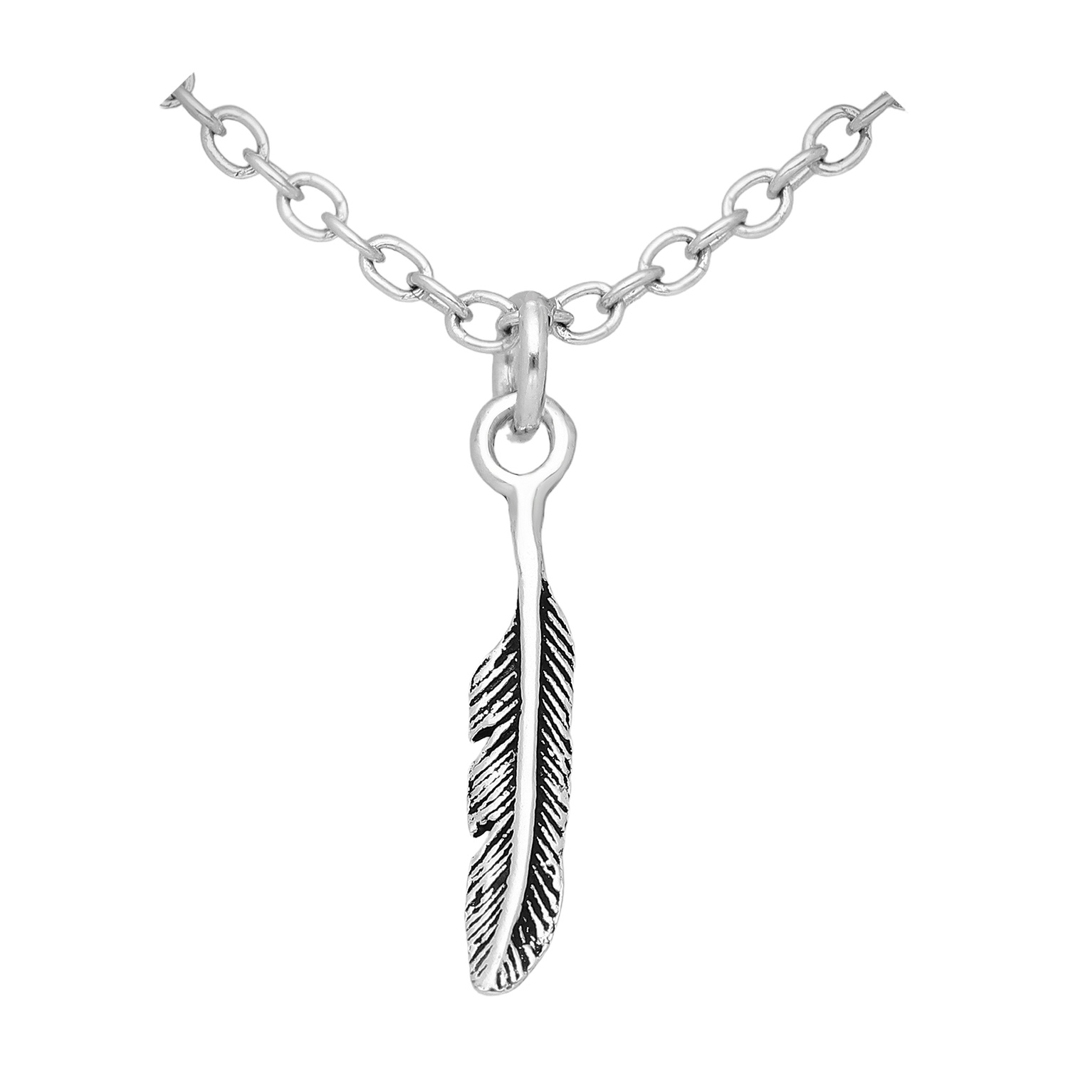 Small sterling silver oxidised feather pendant shown on a chain against a white background