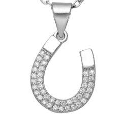 Sterling silver horseshoe pendant set with cubic zirconia, shown on a chain against a white background