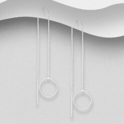 Sterling silver 14mm circle threader earrings, on a grey display card