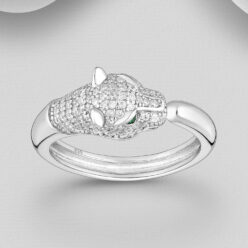 Sterling silver adjustable wild cat ring with green eyes and a stone-set face against a grey background