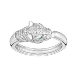 Sterling silver adjustable wild cat ring with green eyes and a stone-set face on a white background